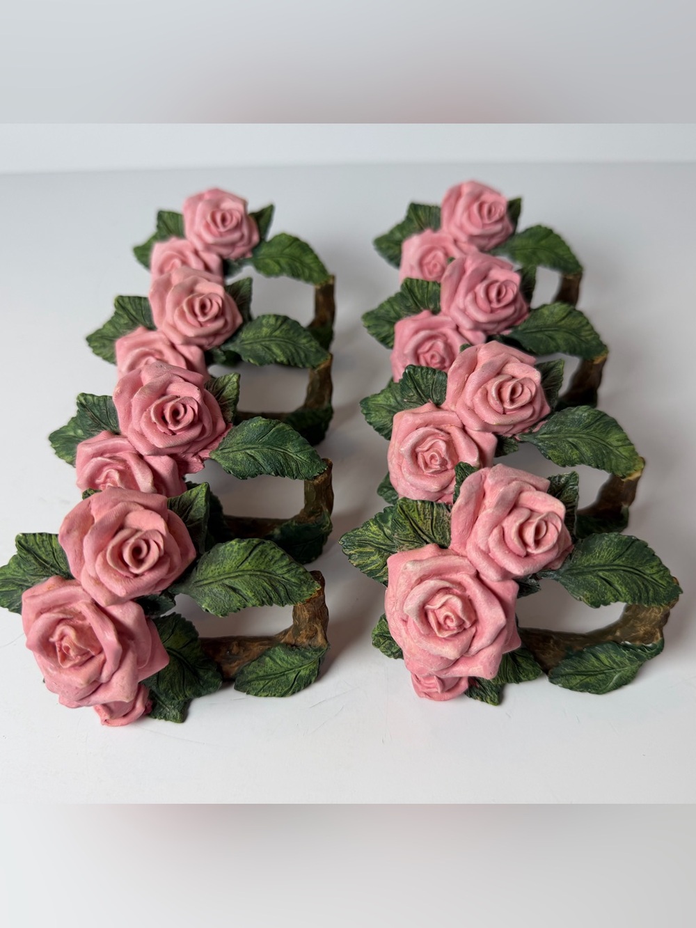 Vintage-Style 3D Resin Pink Rose Napkin Rings – Set of 8 Cottage-core